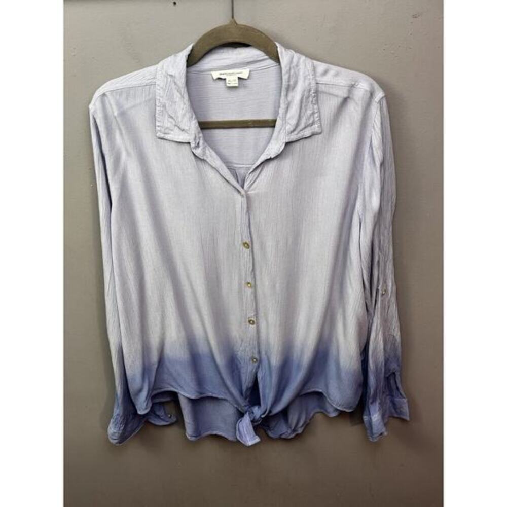 BeachLunchLounge Yumi Dip-Dyed Crinkled Tie-Front Shirt Womens XL Blue